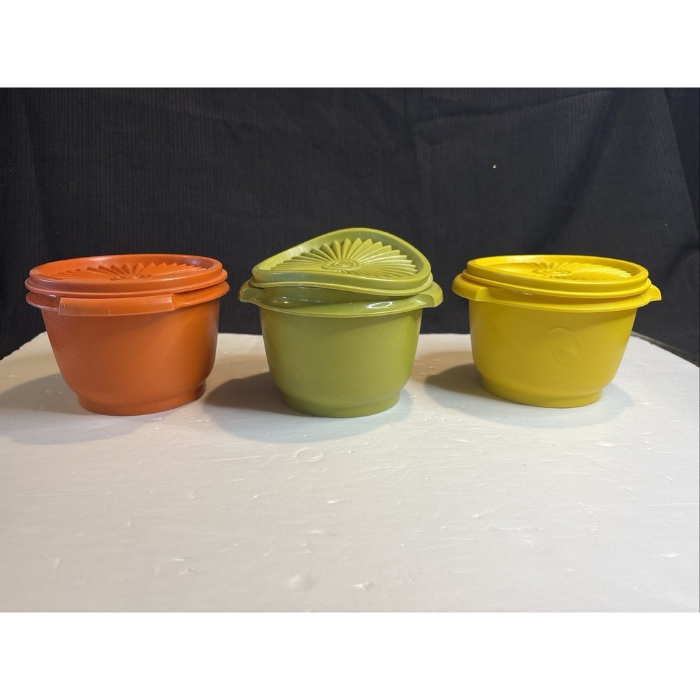 VTG 3 pc Tupperware Servalier Bowls Sunburst Lids Harvest Colors 886-34 886-35